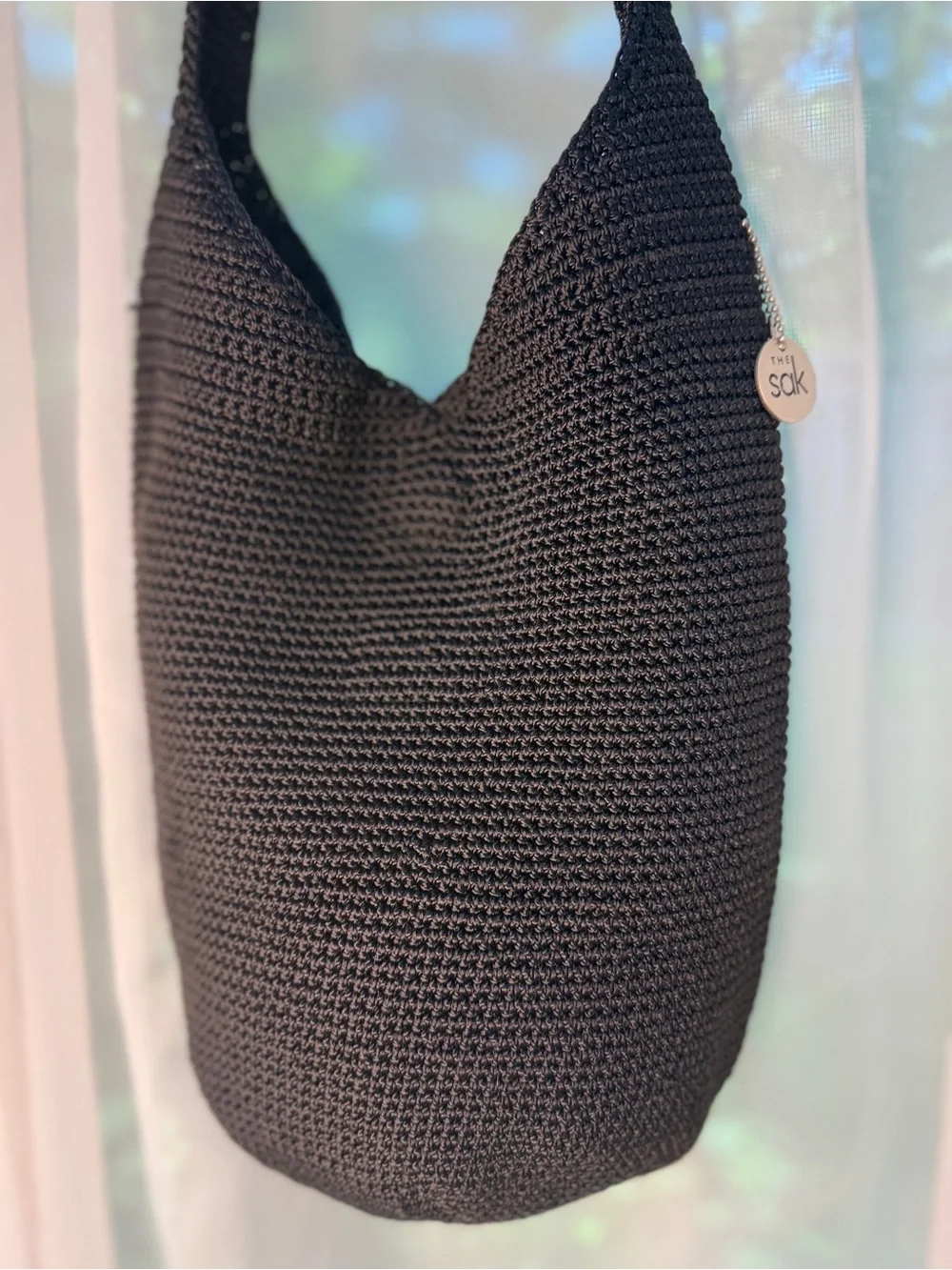 The Sak Black Woven Crochet Hobo Shoulder Crossbody Bag Slouchy Tote EUC